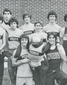 Science teacher Michael Stewart ’83 (lower left) poses with the 1982-1983 cross country team.