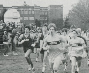 Math teacher Mark Gartner ’84 leads the Falcon pack at the 1983 Blair Day.