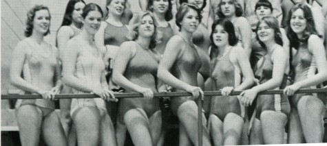 English teacher Jan Loughran ’77 (lower left) beams as the 1976-1977 girls swim co-captain.      