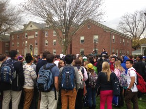 Students gathered on center campus on Oct. 31 to rally against the decision to cancel the Saturday football game against the Hun School. Photographer: Carson Vey ’15