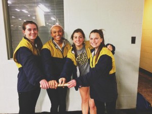 Lauren Wieder '15, Mollie Somers '15, Bridgid Greed '16, and Rachel Greaney '16 set a new school record for the girls distance medley relay. Photographer: Tim Brennan