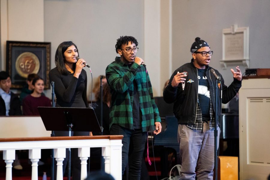 From left to right: Kavya Borra 20, Zion Henriques 20, and Daniel Funderbirk 20 preforming Ultralight Beam by Kanye West in MLK day chapel.